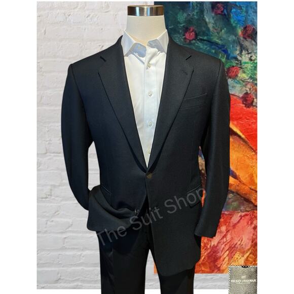 Hickey Freeman 44R Black Birdseye Blazer Brass Tone Buttons Lambswool Cashmere - Picture 1 of 14